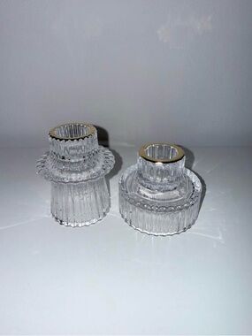 Home Interiors Clear Glass Ribbed Candle Holders with Gold Trim (Set of 2)
